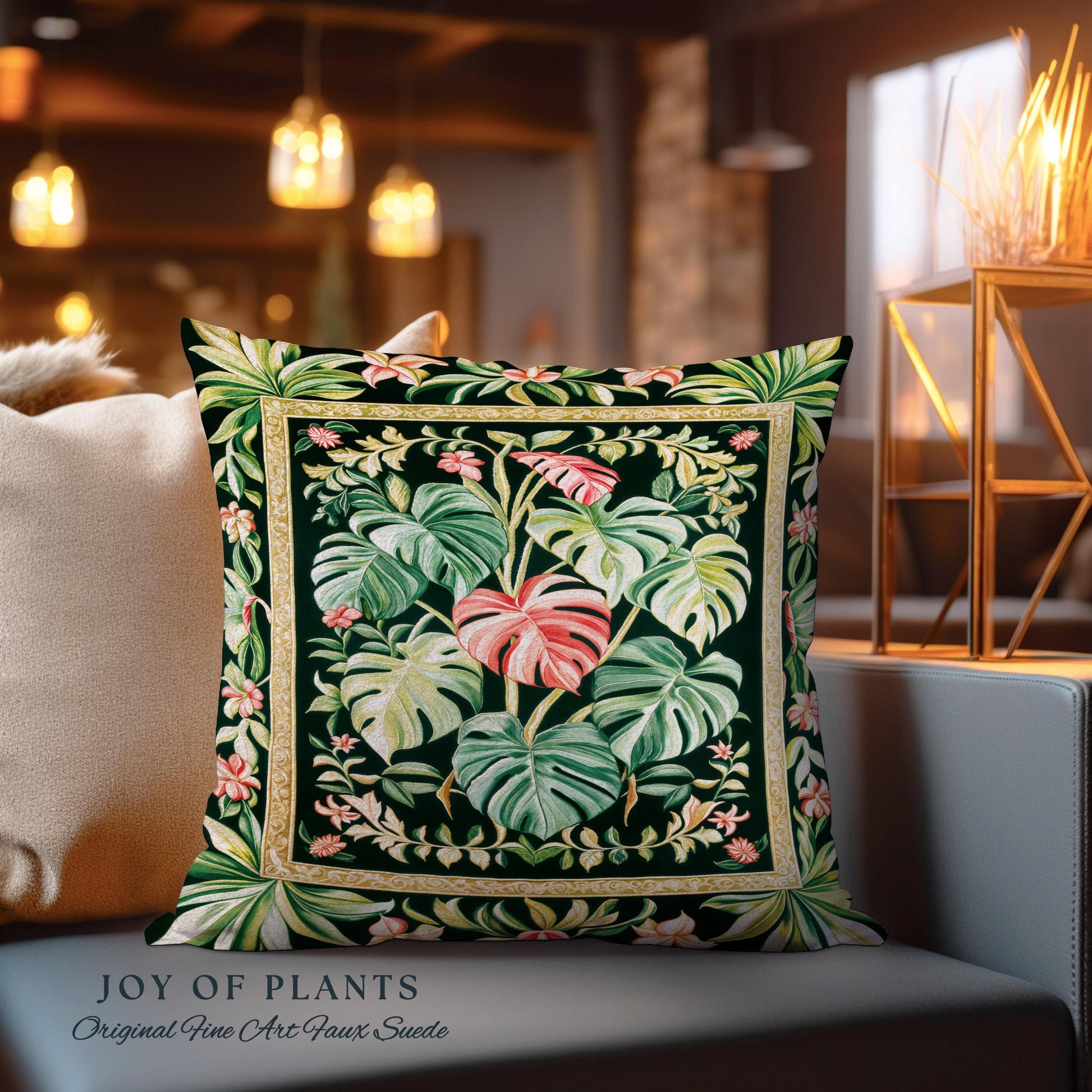 Earthy Vibes Monstera Throw Pillow | Cozy Woven Cushion Forestcore Vintage Summer Bedding Tropical Goth Aesthetic Cottagecore Leafy Bedroom