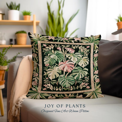 Earthy Vibes Monstera Throw Pillow | Cozy Woven Cushion Forestcore Vintage Summer Bedding Tropical Goth Aesthetic Cottagecore Leafy Bedroom