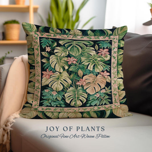 Tropical Whimsy Cottagecore Cushion | Colorful Jungle Aesthetic Houseplant Lover Pillow Whimsigoth Eclectic Bedding Woven Boho Greenery |