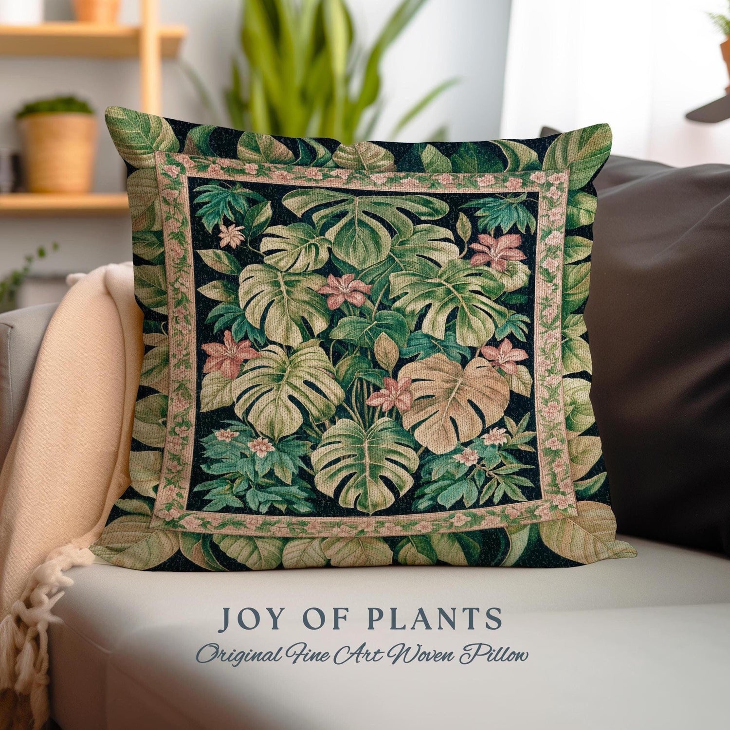 Tropical Whimsy Cottagecore Cushion | Colorful Jungle Aesthetic Houseplant Lover Pillow Whimsigoth Eclectic Bedding Woven Boho Greenery |
