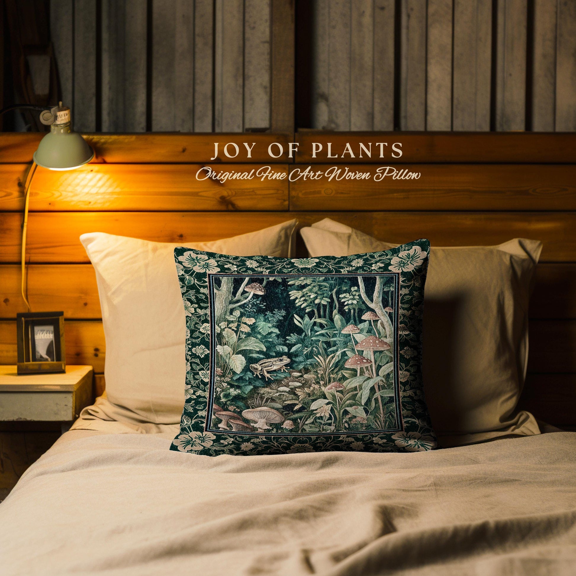 Magical Mushroom Folklore Forest Pillow | Cute Woodland Woven Cushion for Bedroom Goblincore Forest Woodland Whimsy Toadstool Aesthetic |