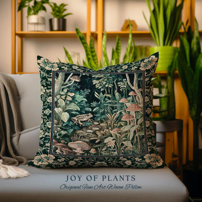 Magical Mushroom Folklore Forest Pillow | Cute Woodland Woven Cushion for Bedroom Goblincore Forest Woodland Whimsy Toadstool Aesthetic |