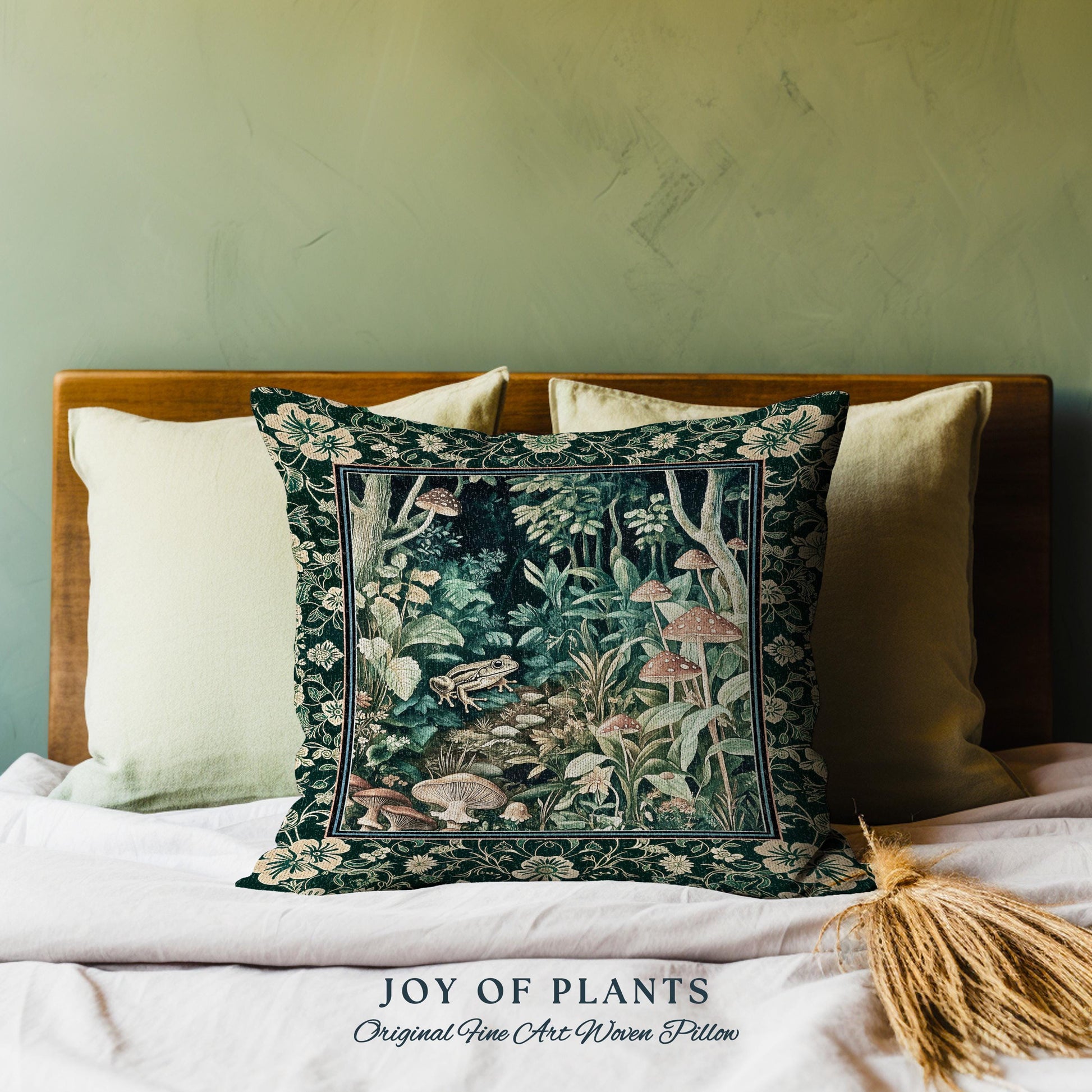 Magical Mushroom Folklore Forest Pillow | Cute Woodland Woven Cushion for Bedroom Goblincore Forest Woodland Whimsy Toadstool Aesthetic |