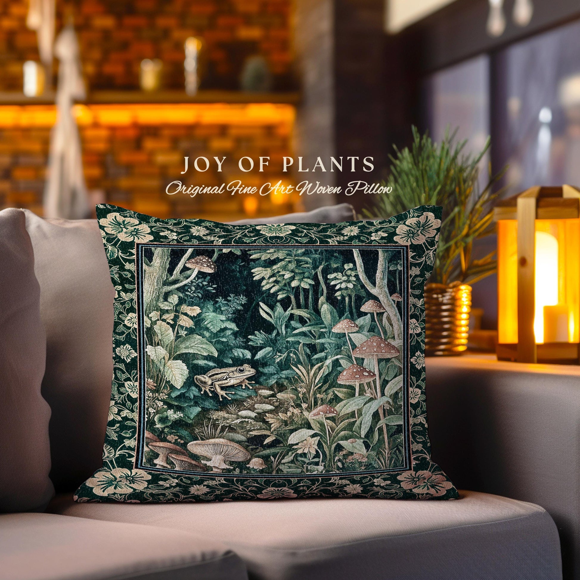 Magical Mushroom Folklore Forest Pillow | Cute Woodland Woven Cushion for Bedroom Goblincore Forest Woodland Whimsy Toadstool Aesthetic |