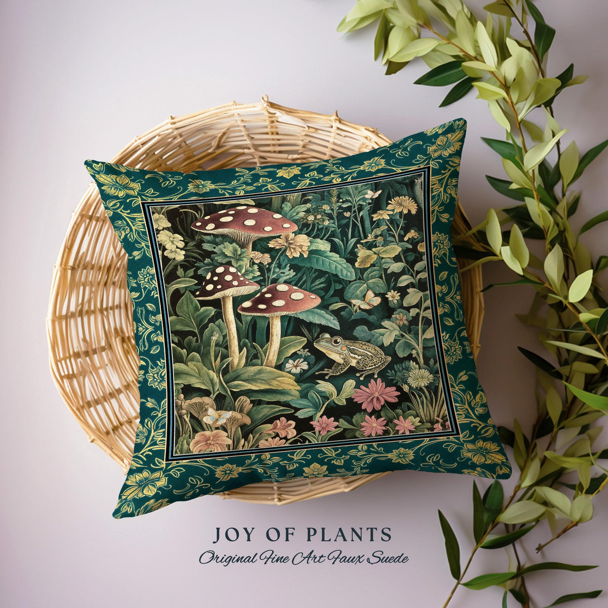 Fairytale Forest Mushroom Frog Pillow | Trendy Aesthetic Cottagecore Botanical Accent Pillow for Emerald Green Funky Woodland Book Nook Frog