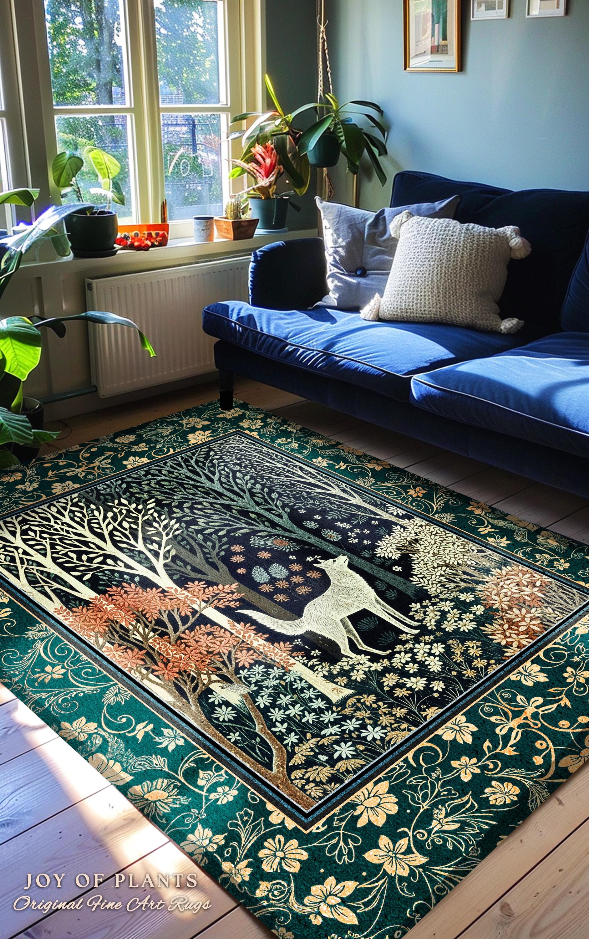 Rustic Nordic Nature Wolf Rug | Colorful Folklore Home Accent Rug Cottagecore Aesthetic Cute Boho Nursery Pastel Whimsical Woodland Decor |