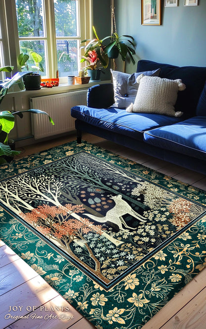 Rustic Nordic Nature Wolf Rug | Colorful Folklore Home Accent Rug Cottagecore Aesthetic Cute Boho Nursery Pastel Whimsical Woodland Decor |