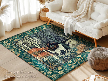 Rustic Nordic Nature Wolf Rug | Colorful Folklore Home Accent Rug Cottagecore Aesthetic Cute Boho Nursery Pastel Whimsical Woodland Decor |