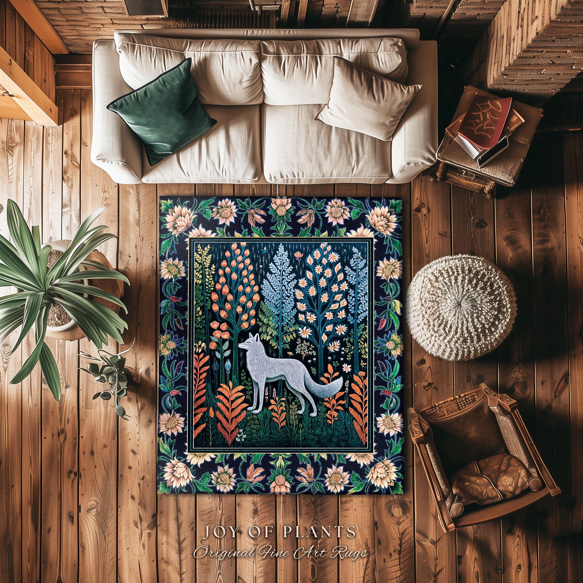 Floral Woodland Cozy Boho Rug | Cabincore Indie Aesthetic Folklore Cute Wolf Nursery Fairytale Danish Pastel Cottagecore Whimsical Accent |