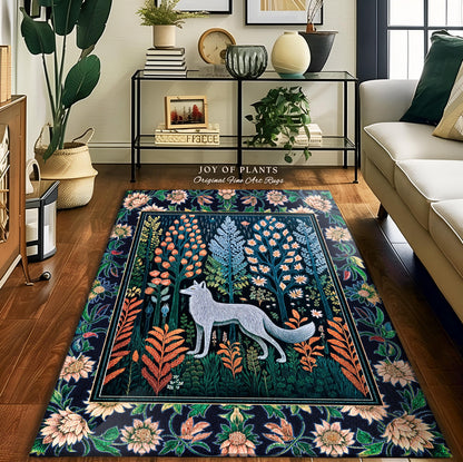 Floral Woodland Cozy Boho Rug | Cabincore Indie Aesthetic Folklore Cute Wolf Nursery Fairytale Danish Pastel Cottagecore Whimsical Accent |