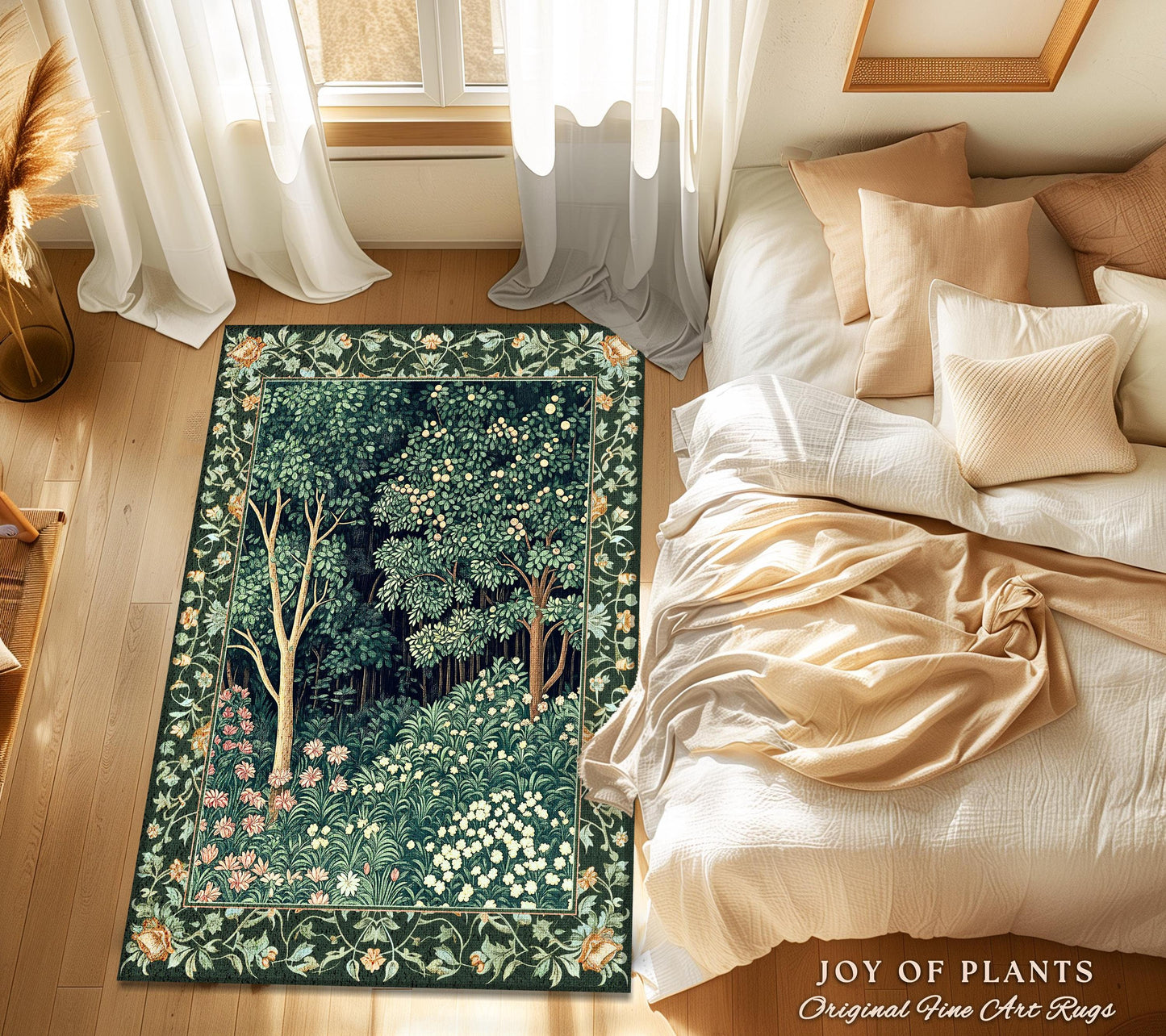 Medieval Forest Botanical Floor Rug | Woodland Botanical Emerald Green Vintage Aesthetic Mystic Book Nook Room Decor Magical Bedroom Theme |