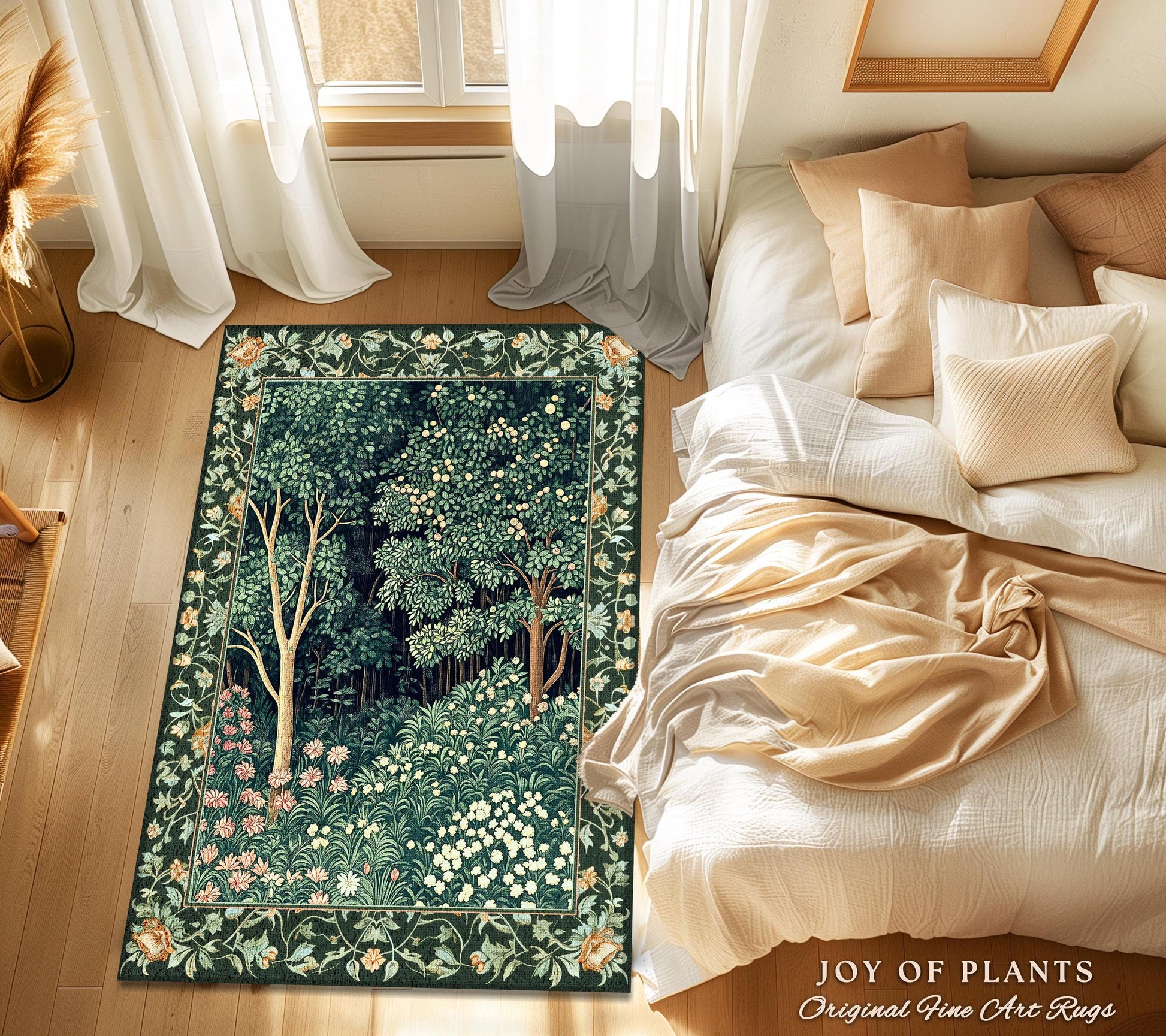 Medieval Forest Botanical Floor Rug | Woodland Botanical Emerald Green Vintage Aesthetic Mystic Book Nook Room Decor Magical Bedroom Theme |