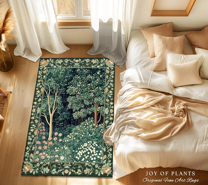Medieval Forest Botanical Floor Rug | Woodland Botanical Emerald Green Vintage Aesthetic Mystic Book Nook Room Decor Magical Bedroom Theme |