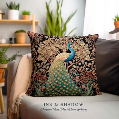 Maximalist Aesthetic Peacock Pillow | William Morris Inspired Peacock Woodland Decor Cushion Botanical Ornate Home Decor Eclectic Throw