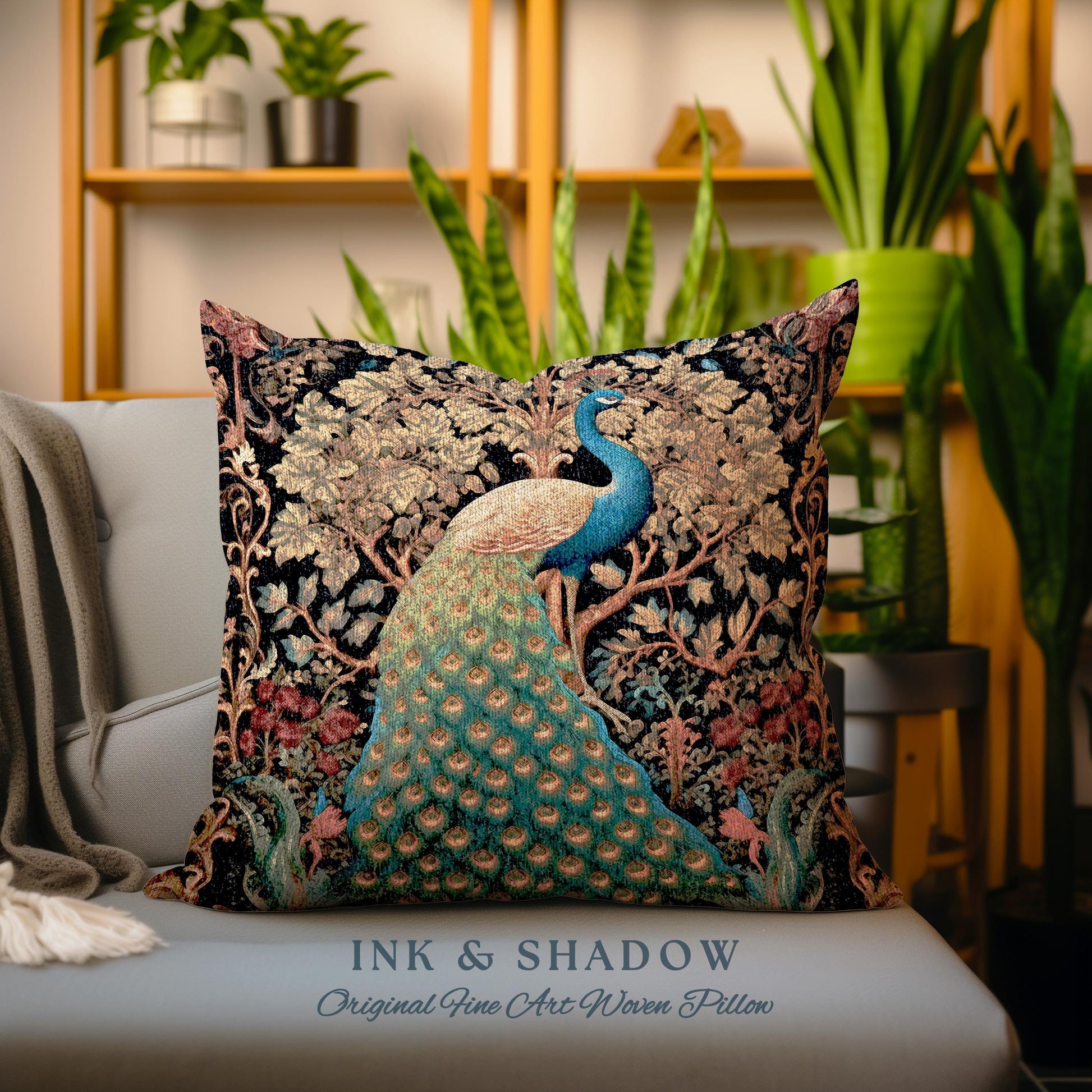 Maximalist Aesthetic Peacock Pillow | William Morris Inspired Peacock Woodland Decor Cushion Botanical Ornate Home Decor Eclectic Throw
