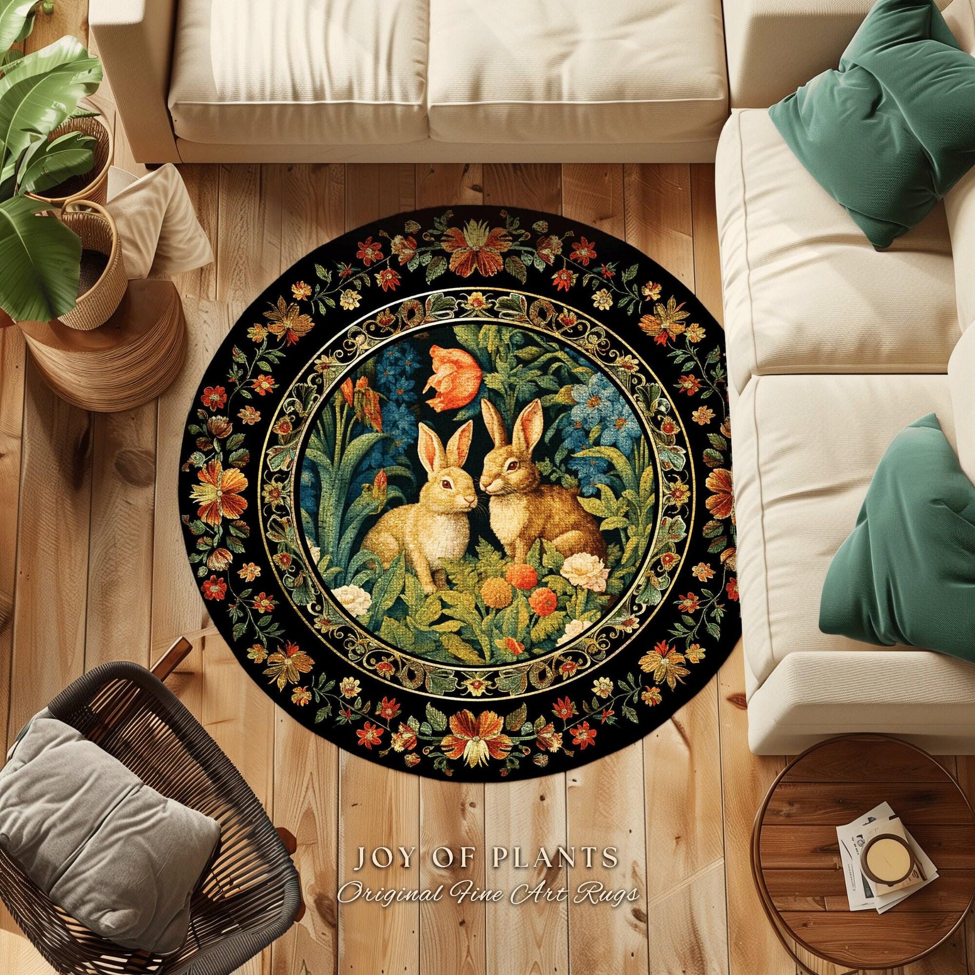 Pastel Floral Rabbit Bedroom Decor William Morris Inspired Cottagecore Room Light Academia Rug | Mystical Home Bunnies in the Tulips Rug