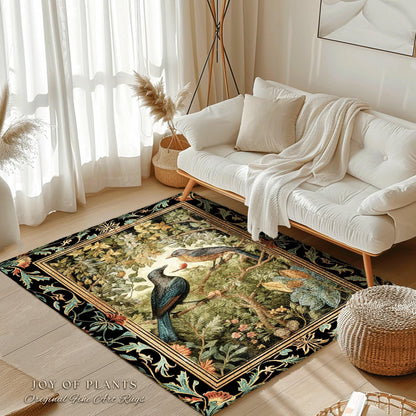 Crowcore Forest Round Raven Rug Bedroom Decor Morris Inspired Victorian Room Dark Academia Style, Mystical Woodland Birds Cottagecore Accent