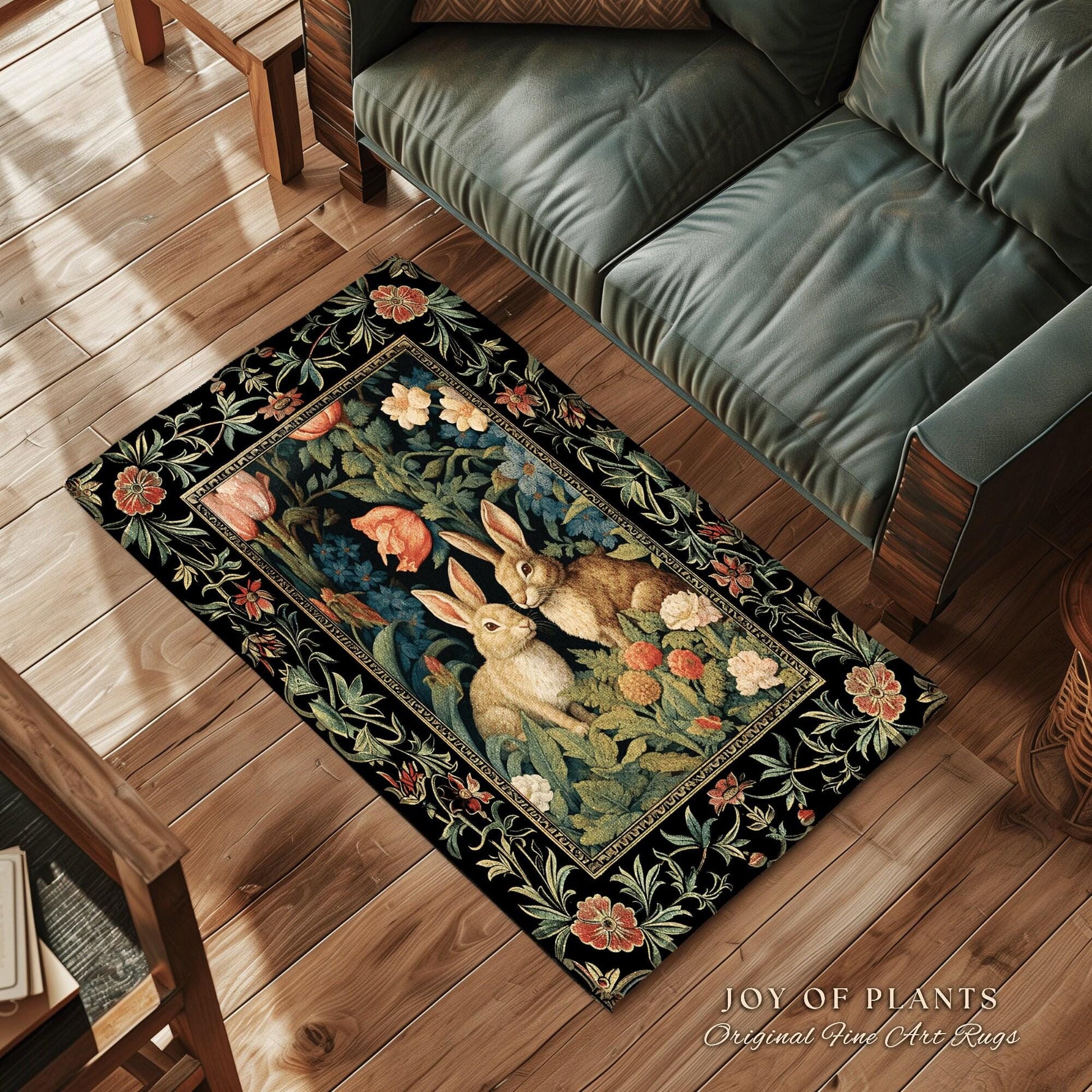 Pastel Floral Rabbit Bedroom Decor William Morris Inspired Cottagecore Room Light Academia Rug | Mystical Home Bunnies in the Tulips Rug