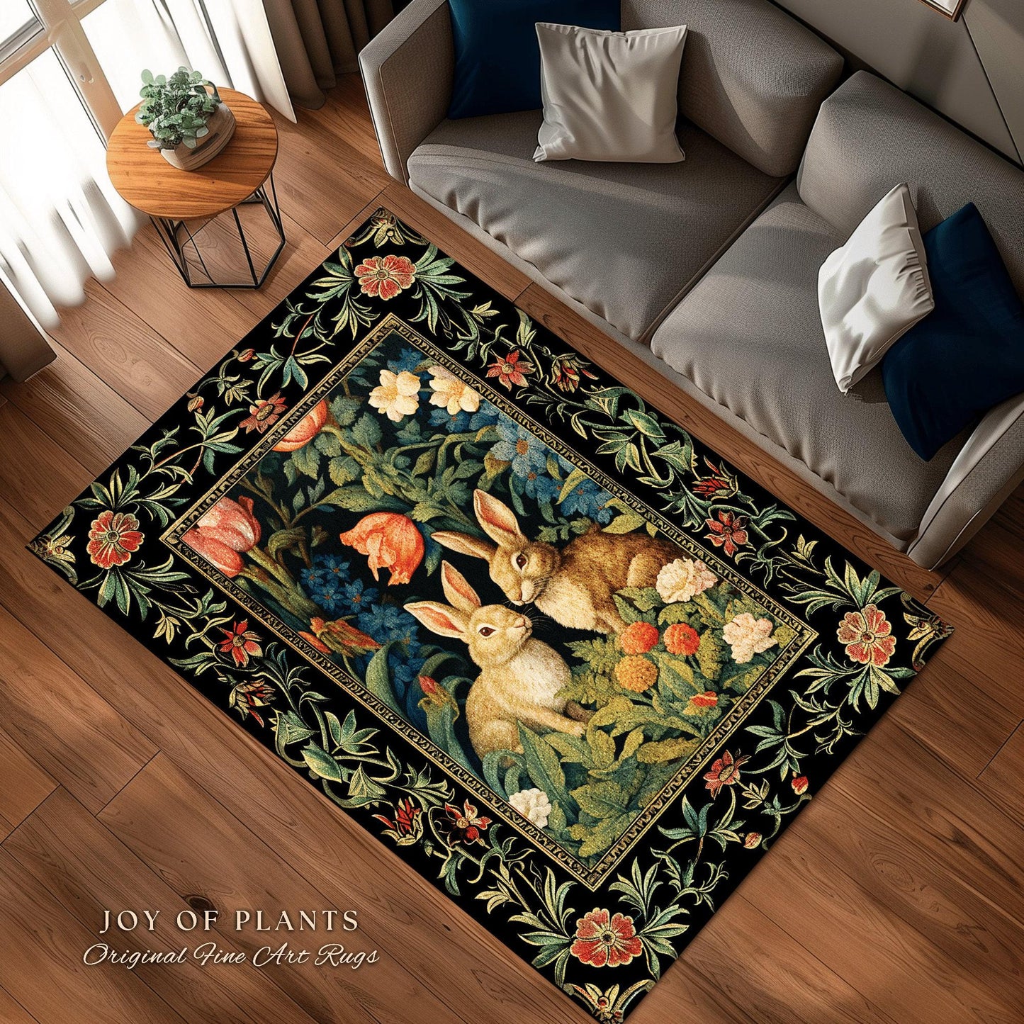 Pastel Floral Rabbit Bedroom Decor William Morris Inspired Cottagecore Room Light Academia Rug | Mystical Home Bunnies in the Tulips Rug