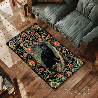 Black Cat Area Rug | Dark Woodland Aesthetic Cat Lover Decor William Morris Inspired Cottagecore Room Light Academia Mystical Throw Rug |