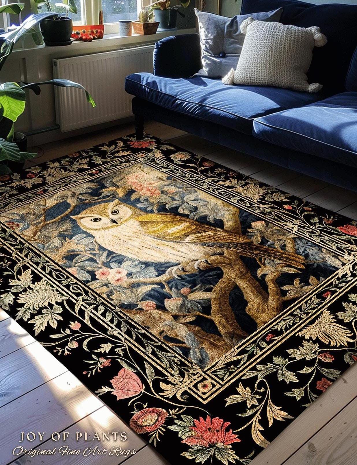 Whimsical Woodland Gothic Owl Rug Cottagegoth Decor | Boho Fairycore Botanical Decor Vintage Aesthetic Bird Lovers Gift Housewarming Owl Rug