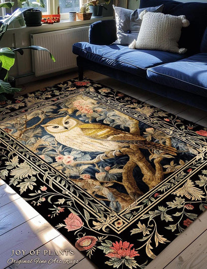 Whimsical Woodland Gothic Owl Rug Cottagegoth Decor | Boho Fairycore Botanical Decor Vintage Aesthetic Bird Lovers Gift Housewarming Owl Rug