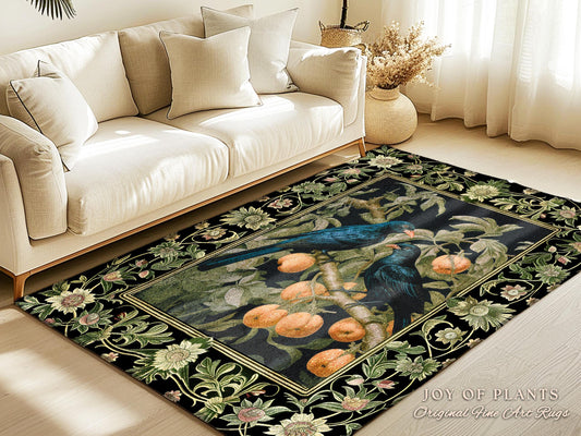 Gothic Bird Home Decor Vintage Aesthetic Rustic Crow Rug | Dark Botanical Crowcore Rug Woodland Whimsigoth Forestcore Enchanted Raven Rug