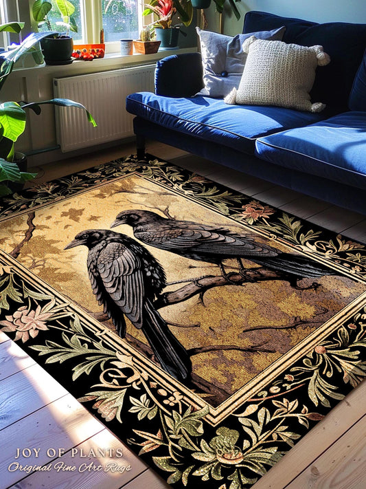 Golden Gothic Raven Rug Whimsical Cottagecore Botanical Decor | Witchy Cottage Aesthetic Vintage Crowcore Rustic Farmhouse Style