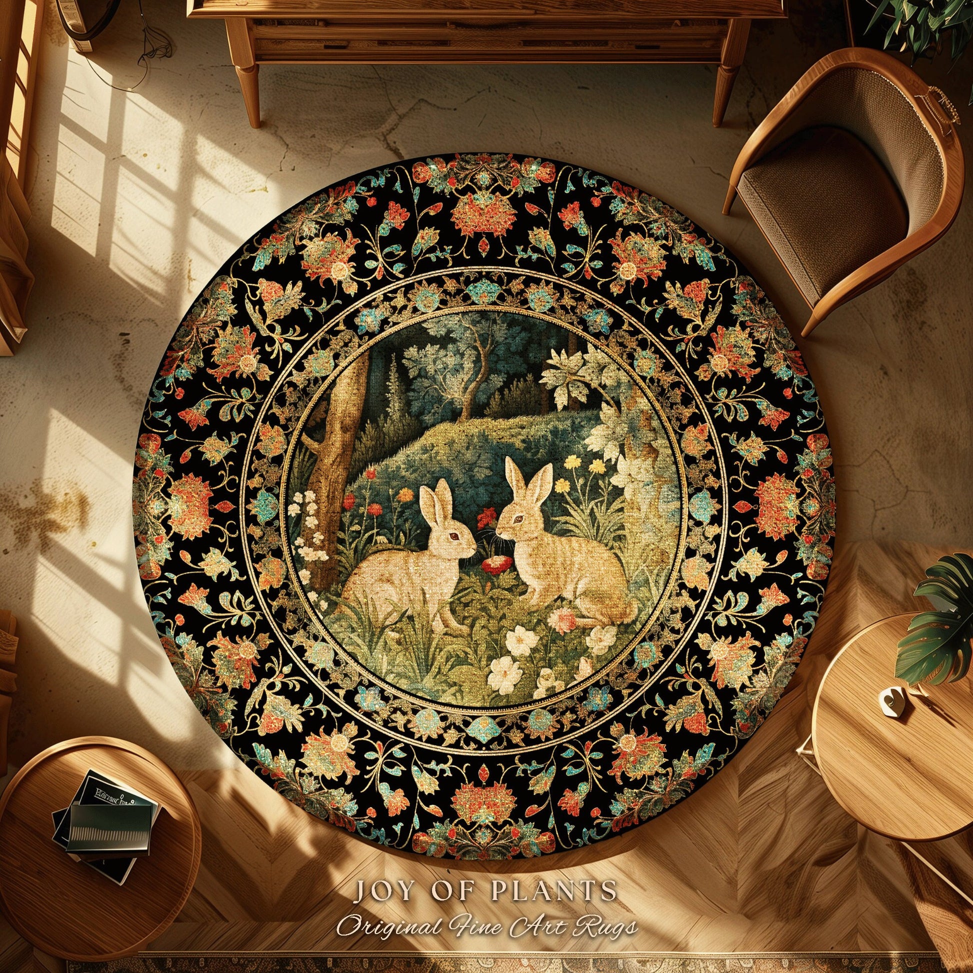 Botanical Bedroom Decor Round Bunny Rug Morris Inspired Cottagecore Light Academia Style Rug | Soft Aesthetic Victorian Floral Rabbit Rug