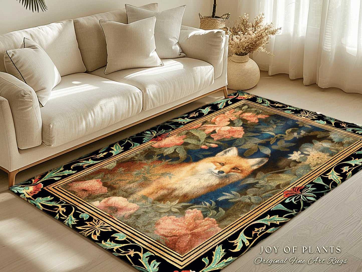 Fairycore Fox Area Rug | Ethereal Bedroom Decor William Morris Inspired Cottagecore Room Soft Aesthetic Light Academia Style Rug Mystical
