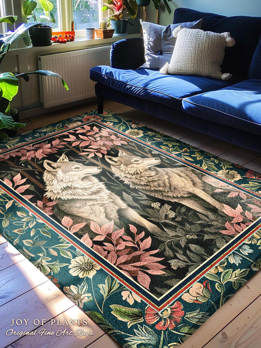 Woodland Fairycore Wolf Area Rug | Dark Forest Eclectic Aesthetic Whimsical Cottagecore Floral Fantasy Inspired Home Accent Rug Nature Theme