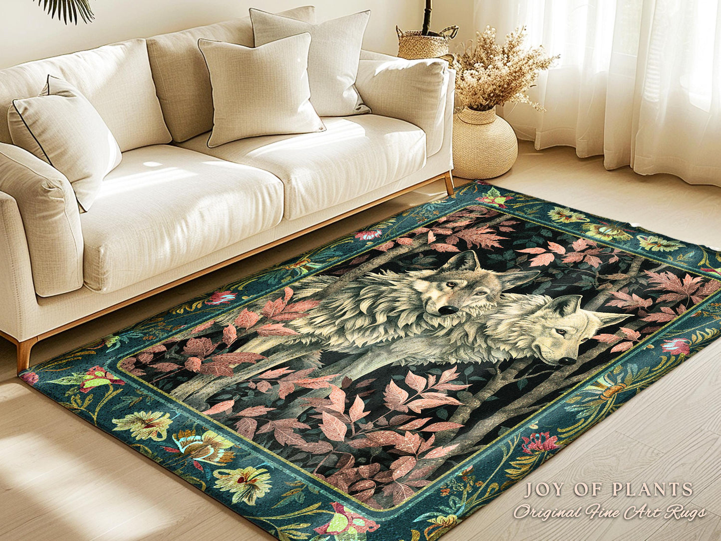 Botanical Forest Spirits Area Rug | Woodland Ethereal Unique Home Accent Wolf Nursery Theme Eclectic Aesthetic Whimsical Cottagecore Decor |
