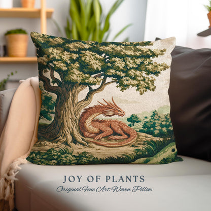 Antique Aesthetic Dragon Pillow Rustic Woodland Decor Tapestry Cushion | Whimsical Fantasy Medieval Art Forestcore Woven Cozy Home Accent