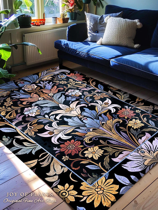 Bohemian Botanical Art Nouveau Floral Rug Enchanted Forest Flower Motifs, Whimsical Cottagecore Charm Fairycore Inspired Boho Folk Art Decor