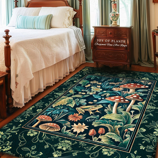 Frog and Mushroom Cute Cottagecore Rug | Eclectic Woodland Whimsy Toadstool Aesthetic Nature Lover Emerald Green Decor Fairytale Inspired
