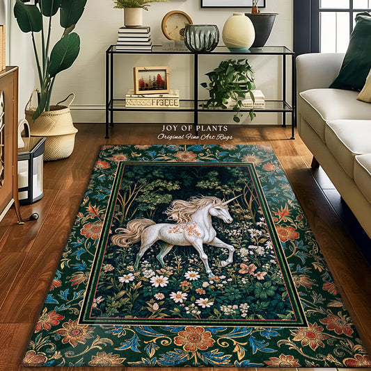Storybook Aesthetic Mystic Unicorn Rug | Colorful Maximalist Area Rug Whimsical Victorian Fairycore Ethereal Bedroom Rug Medieval Woodland |