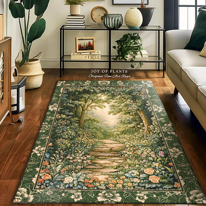 Mystic Garden Fairytale Landscape Area Rug | Fairycore Woodland Nature Lover Book Nook Floor Mat Cozy Earthy Bedroom Decor Whimsical Floral