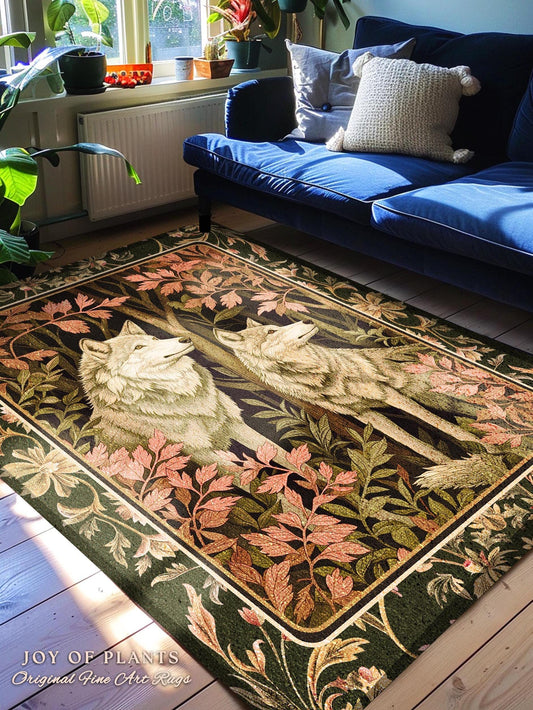 Woodland Wolf Area Rug | Nordic Aesthetic Dark Cottagecore Botanical Fantasy Inspired Rug Nature Themed Bedroom Whimsigothic Forest Wolf