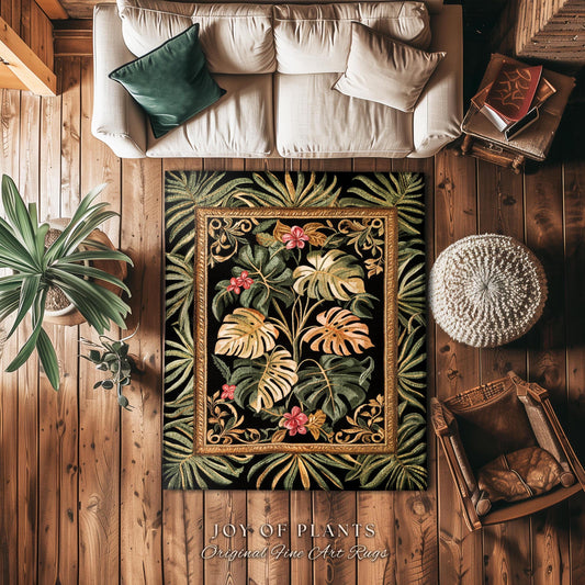 Dark Academia Monstera Lover Rug | Whimsical Botanical Statement Rug Exotic Foliage Dark Tropical Cottagecore Jungle Theme Indie Bedroom |