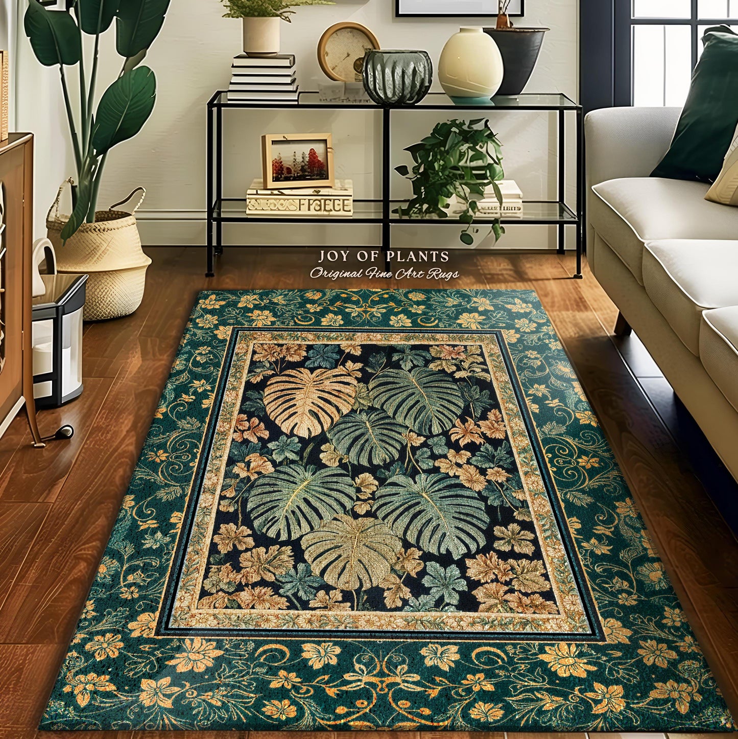 Unique Monstera Print Botanical Rug | Elegant Greenhouse Statement Rug Woodland Decor Houseplant Love Moody Jungle Vibe Tropical Area Rug |