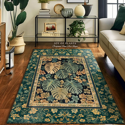 Unique Monstera Print Botanical Rug | Elegant Greenhouse Statement Rug Woodland Decor Houseplant Love Moody Jungle Vibe Tropical Area Rug |