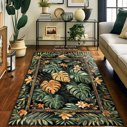 Indie Bedroom Tropical Accent Rug | Houseplant Lover Statement Rug Whimsical Greenery Monstera Area Rug Cottagecore Greenhouse Eclectic |