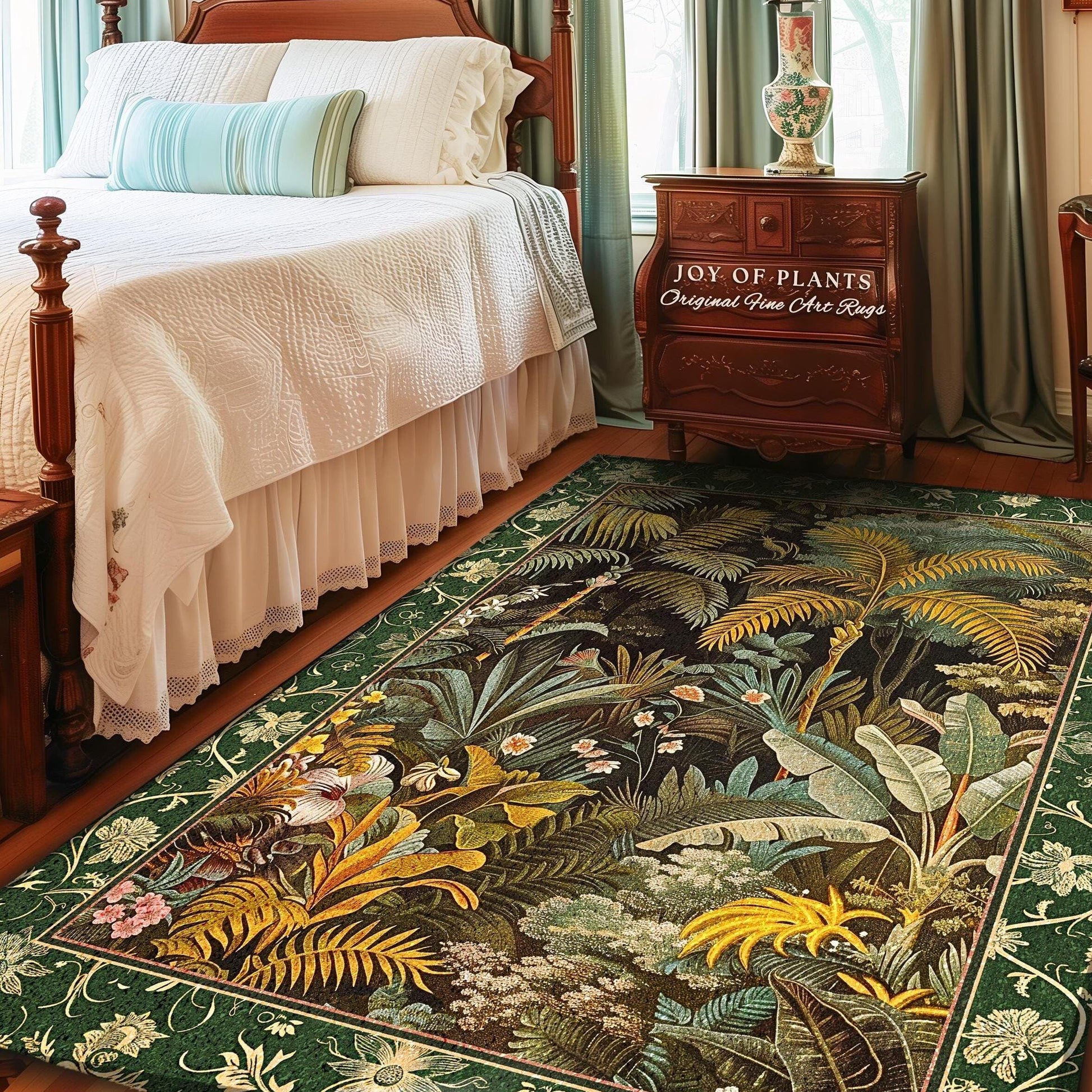 Maximalist Botanical Jungle Area Rug | Exotic Leaf Tropical Nature Theme Bedroom Decor Vintage Elegance Living Room Forest Floor Abstract |