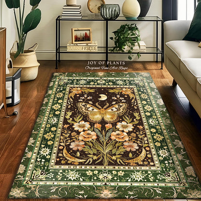 Hippie Moth Moon Accent Rug | Floral Whimsy Fairy Aesthetic Enchanted Forest Art Vintage Forest Green Cottagecore Woodland Butterfly Bedroom