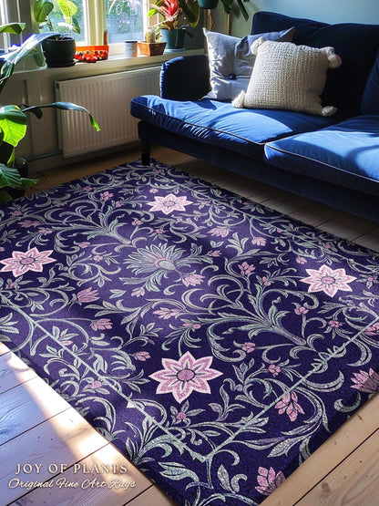Art Deco Aesthetic Floral Area Rug | Whimsical Maximalist Ornate Dark Renaissance Style Art Deco Aesthetic Lavender Purple Botanical Rug