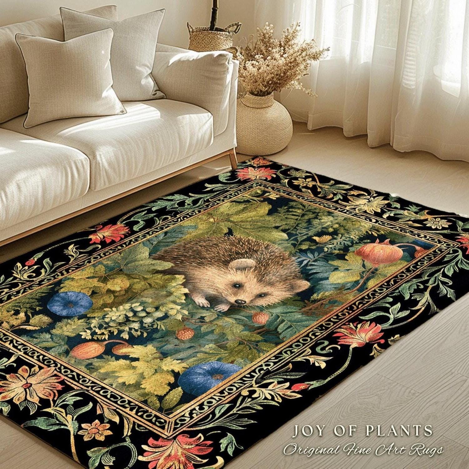 Forestcore Hedgehog Botanical Rug Woodland Gothic Decor | Dark Botanical Cottagecore Nature Lover Gift Rustic Fall Decor Forest Animal Rug