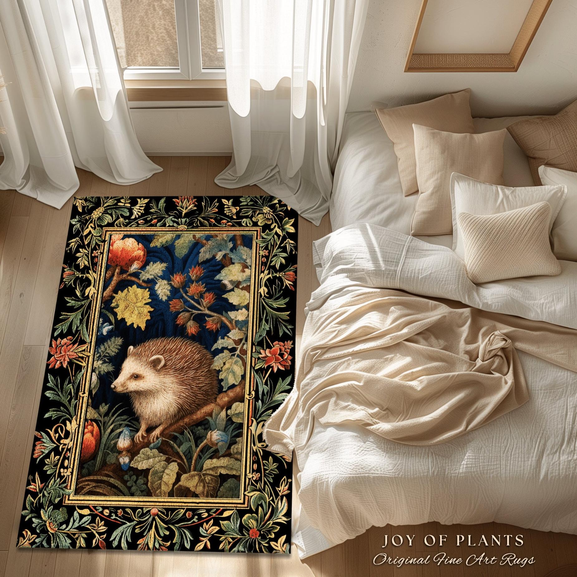 Woodland Aesthetic Bedroom Decor William Morris Inspired Cottagecore Room Light Academia Mystical Throw Rug | Nature Area Rug Hedge Hog |