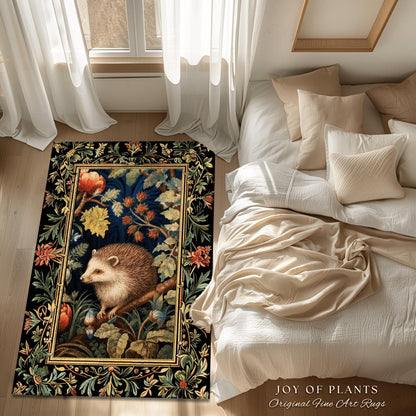 Woodland Aesthetic Bedroom Decor William Morris Inspired Cottagecore Room Light Academia Mystical Throw Rug | Nature Area Rug Hedge Hog |