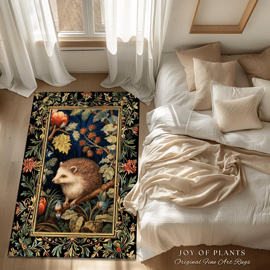 Woodland Aesthetic Bedroom Decor William Morris Inspired Cottagecore Room Light Academia Mystical Throw Rug | Nature Area Rug Hedge Hog |