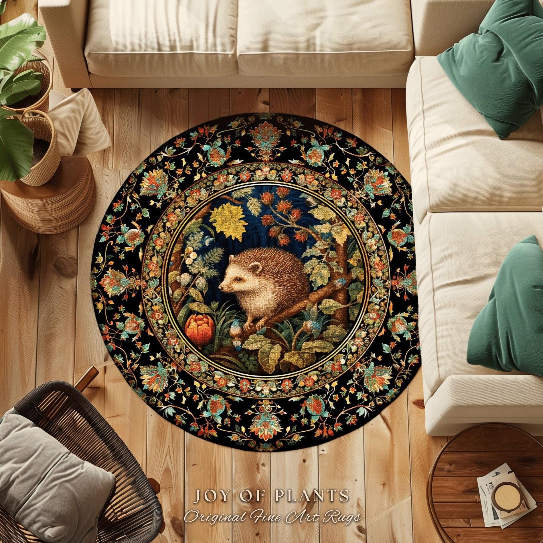 Nature Area Rug Hedge Hog | Woodland Aesthetic Bedroom Decor William Morris Inspired Cottagecore Room Light Academia Mystical Throw Rug |